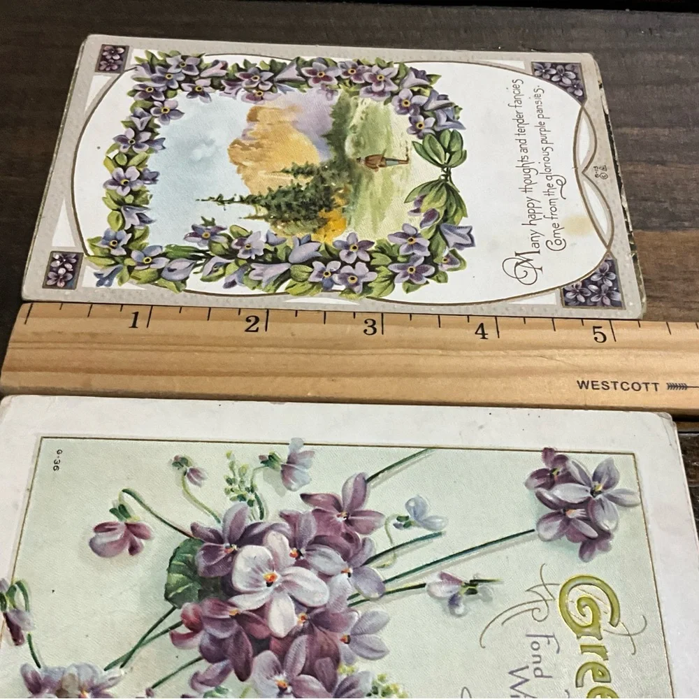 Antique Lot of 8 Assorted Purple Flower Postcards Best Wishes Greetings